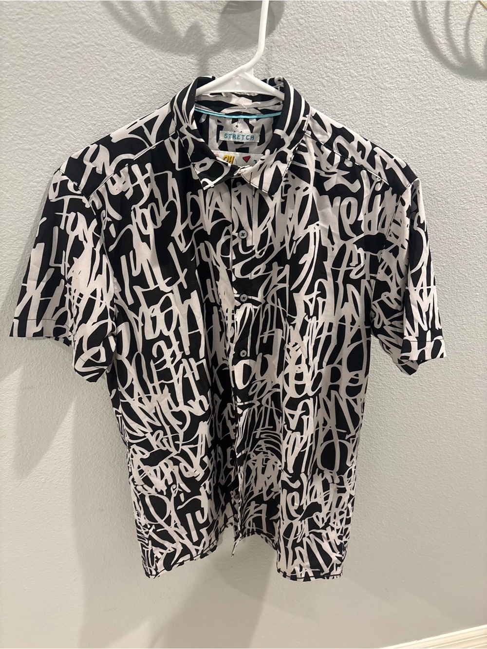 Men's Short-Sleeve Button-Down Shirt - Black & White Script Print